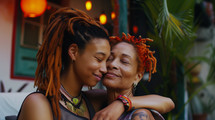 AI Generated Image. Portrait of mature ethnic mother hugging young adult daughter with dyed orange dreadlocks in front of home
