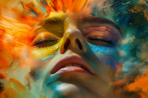 AI Generated Image. Abstract face of woman in multicolor paint as a summer colors concept
