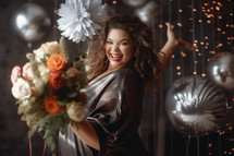 AI generated image. Happy and playful woman with large bouquet of fresh flowers at her birthday party