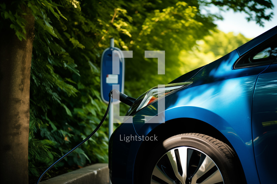 AI generated image. Electric charging station and parked blue car in a green park zone