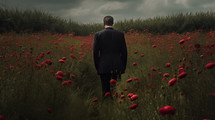 AI generated image. Anonymous man in black suit standing in the flower meadow. Back view