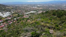 Aerial shot drone flies forward over coffee plantation in the middle of the day toward city in the distance