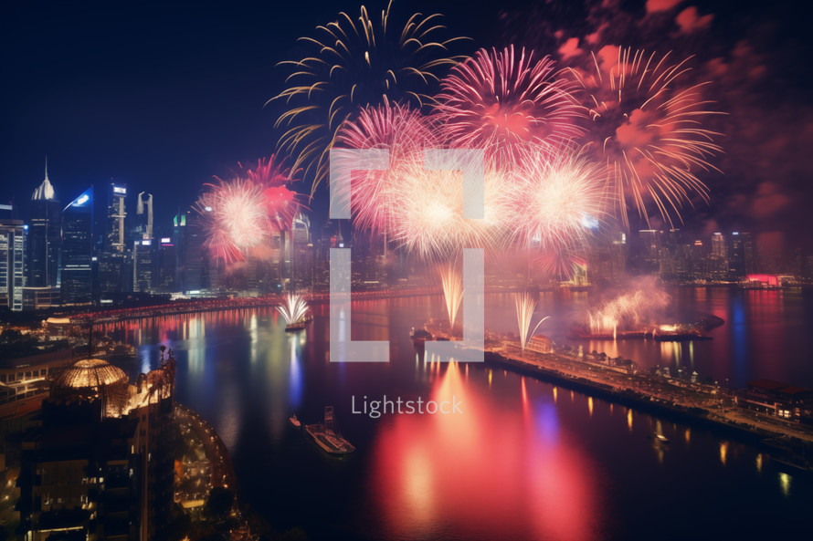 AI generated image. Fireworks over the river in the modern city at night. Chinese Lunar New Year celebration