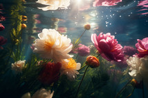 AI Generated Image. Peonies flowers underwater with water bubbles on petals. Love concept