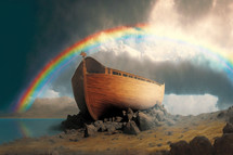 Noah's Flood, Ark resting on the mountains of Ararat and rainbow in the background. Gods deliverance Flooding 
