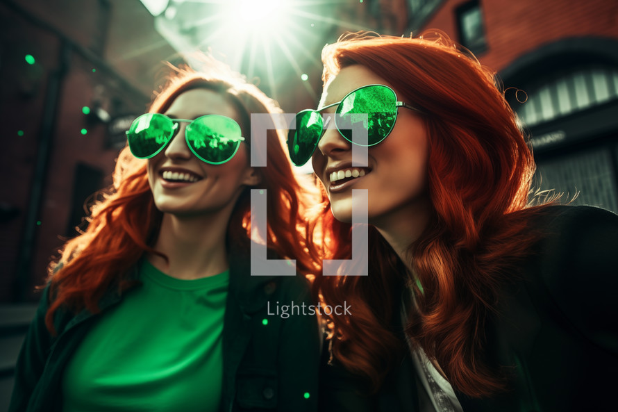 AI Generated Image. Young happy redhead friends wearing green St Patrick leprechaun costume on a city street