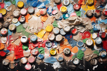 AI Image. A close-up view of a wall decorated with upcycled materials. This artistic approach promotes sustainability by transforming discarded materials into unique and eye-catching art