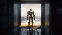 AI Generated Image. Back rear view on the metal robotic robot standing in the open door next to the ocean