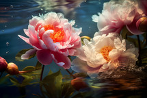 AI Generated Image. Peonies flowers underwater with water bubbles on petals. Love concept