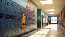 school hallway filled with lockers decorated with student artwork, backpacks hanging on hooks