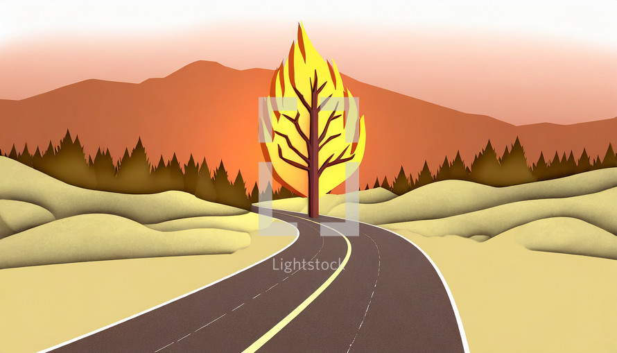 Modern Burning Bush Illustration in a Desert with a Rroad