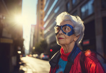 AI Generated Image. Elegant senior woman wearing a superhero costume on a city street