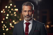 AI generated image. Portrait of the serene middle-aged businessman at the office with Christmas tree