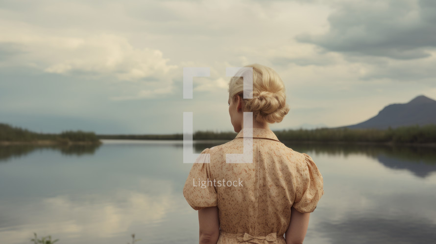 AI Generated Image. Rear back view on a blond woman wearing vintage dress and looking to the pond