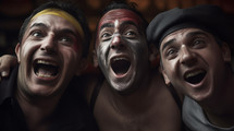 AI Generated Image. Three happy people with painted faces having fun while watching sport game in a sport bar