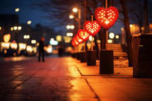 AI Generated Image. Night city street decorated with hearts and illumination for Valentine Day