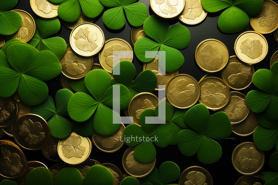AI Generated Image. Top view on Patricks day background with golden coins and green clovers