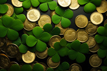 AI Generated Image. Top view on Patricks day background with golden coins and green clovers