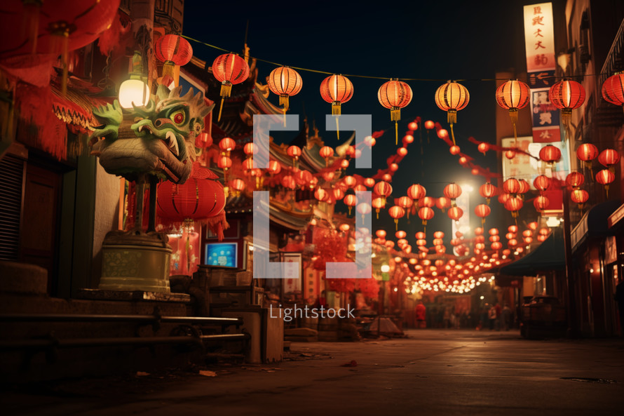 AI generated image. Night Chinatown decorated with lanterns and Dragons for Chinese Lunar New Year festival