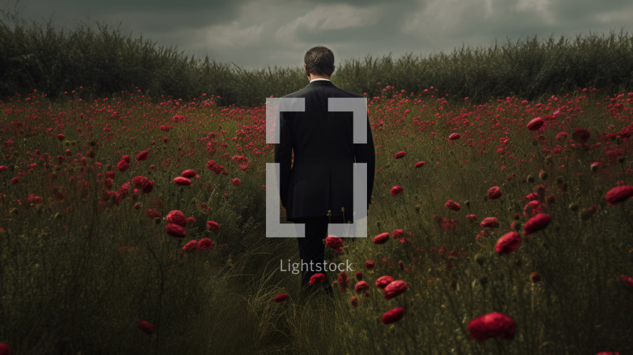 AI generated image. Anonymous man in black suit standing in the flower meadow. Back view