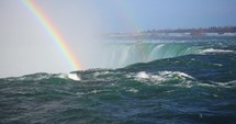 4K Niagria Falls Mist Cloud Waterfall Gulls Water Flowing Over Edge Rainbow Tight Shot