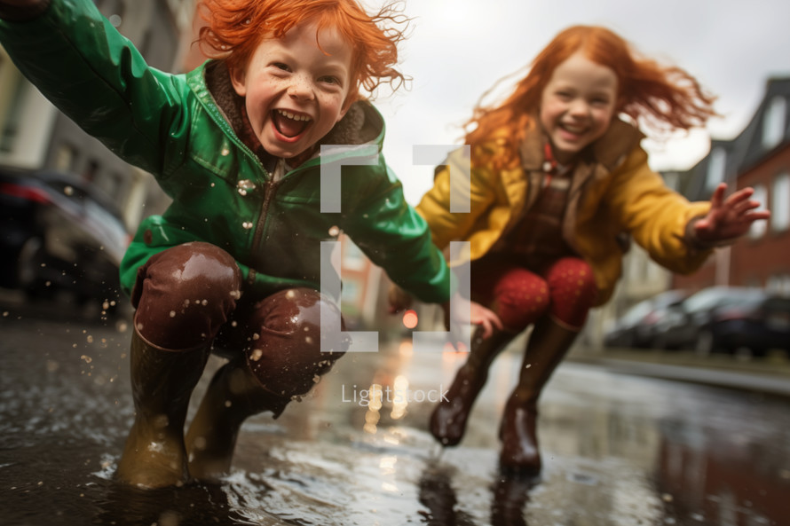 AI Generated Image. Playful redhead kids wearing leprechaun costumes jumping in a puddle