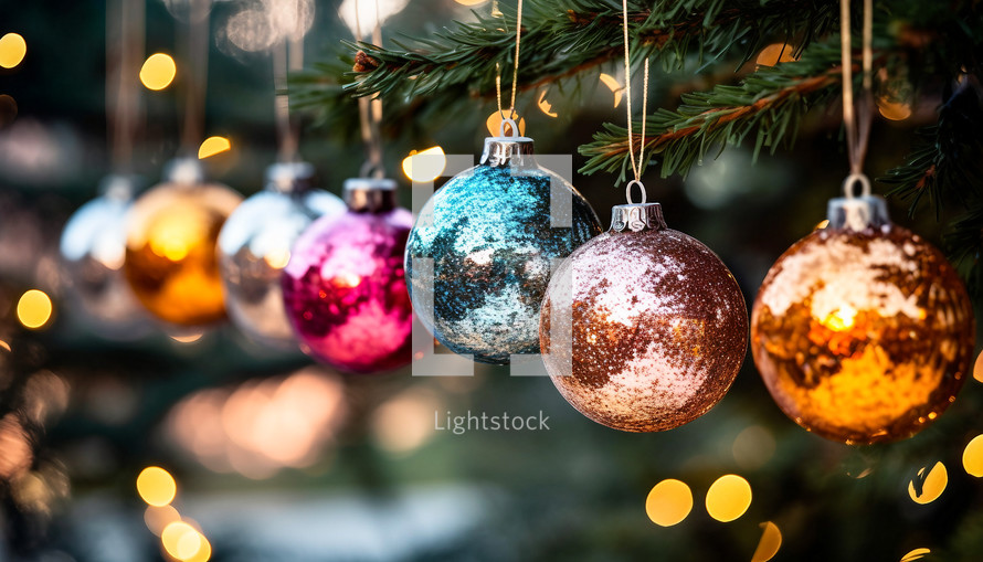 Christmas balls hanging from a tree brach 