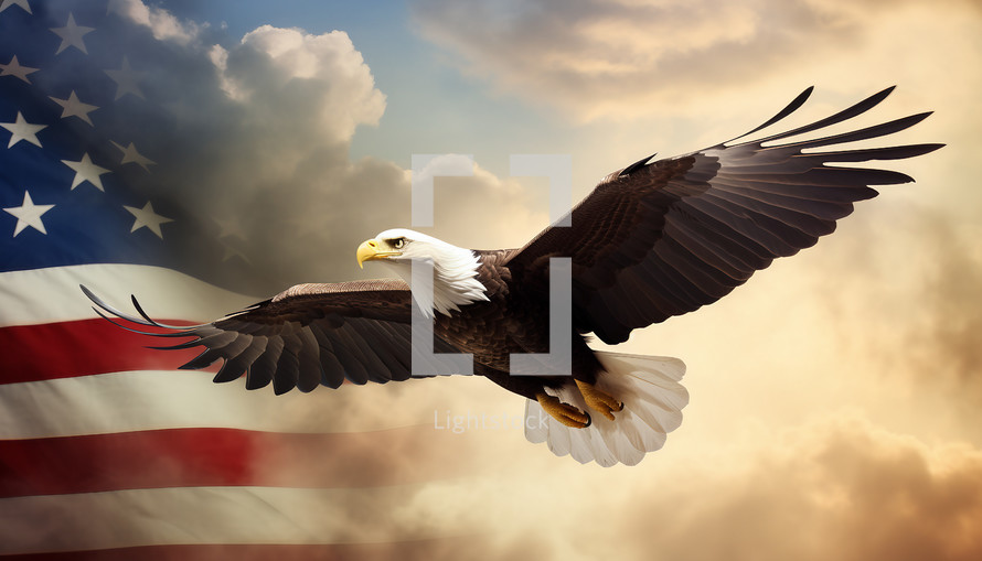 Eagle flying with American flag for veterans day