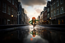 AI Generated Image. Playful redhead boy wearing leprechaun costumes jumping in a puddle