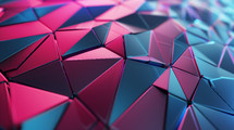 AI Image. Futuristic geometric wall pattern consisting of 3D triangular prisms with magenta reflections