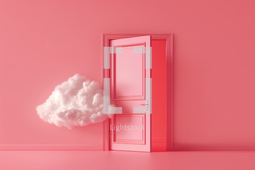 AI Image. Surreal Journey Through An Open Doorway Revealing A Dreamlike Cloud Against Vibrant Wall