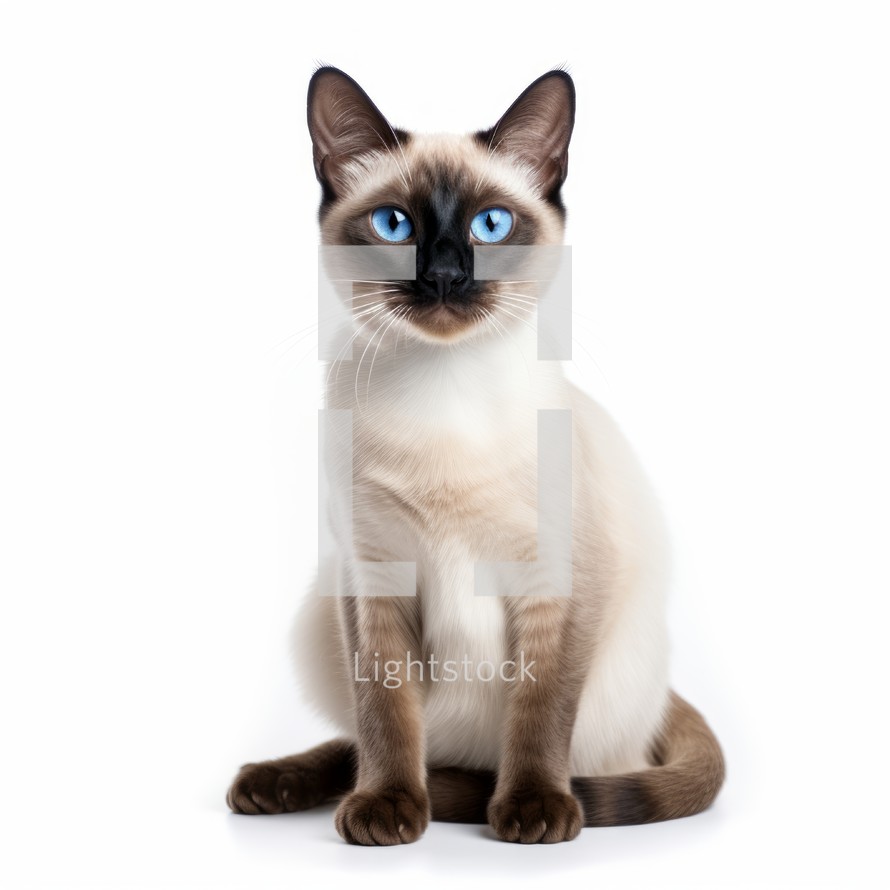 Delighted Siamese Cat sitting on a white background, bright eyes, content and relaxed Generative AI