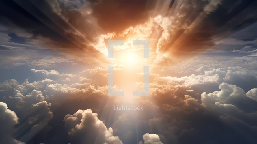 Celestial clouds with sun beams to represent Christian religion