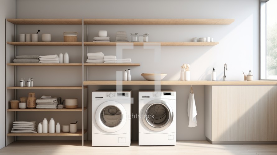 A minimalist laundry room design with a stackable washer and dryer, minimalist shelving, and neutral tones for a clean look Generative AI