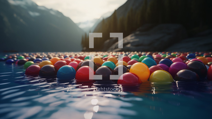 AI Generated Image. Many colorful balls falling and flowing on a water surface of the pond