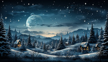 Christmas night Landscape in winter mountains