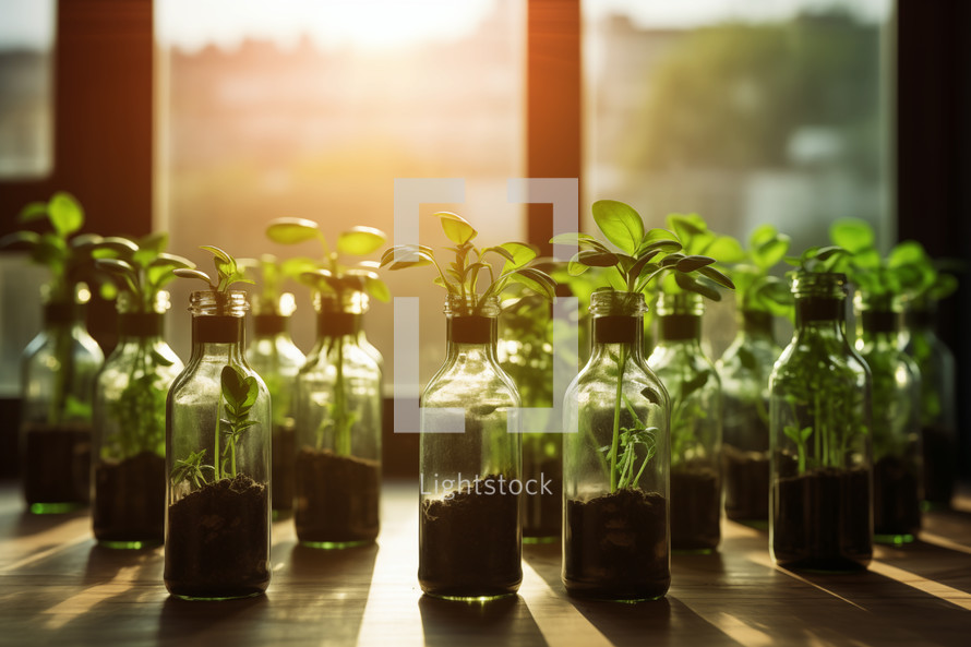 AI generative images. Used glass bottles as planters with micro green seedlings on a window sill. Upcycling concept