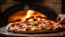 Italian pizza cooked in a wood oven. AI generative.