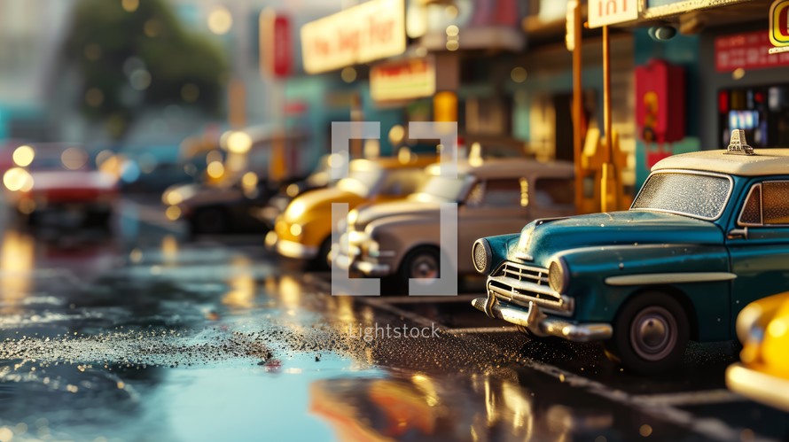  rental car pickup area, cars, customers, signage, urban backdrop, detailed surroundings, photorealistic depiction Generative AI
