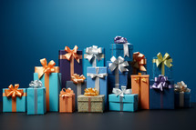 AI generative images. Colorful Christmas giftboxes with ribbons and bows next to the blue wall