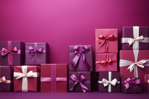 AI generative images. Purple Christmas giftboxes with ribbons and bows next to the magenta wall