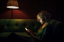 AI generated image. Blond woman using smartphone and relaxing on a sofa in the dark cozy interior with wall lamp