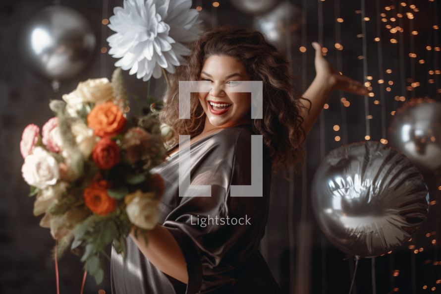 AI generated image. Happy and playful woman with large bouquet of fresh flowers at her birthday party