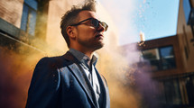 AI generated image. Man wearing blue jacket and sunglasses in the colorful powder explosion in Holi festival