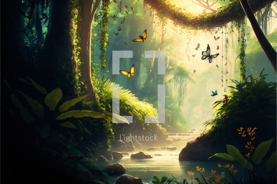Heaven Jungle scene with butterflies created with Generative AI technology