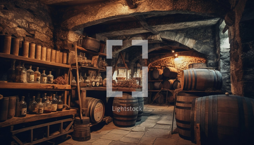 A rustic cellar filled with oak barrels and wine bottles.