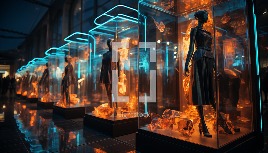 A futuristic storefront with holographic displays 