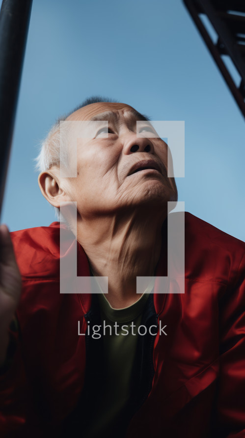 AI Generated Image. Healthy Asian Senior elderly man wearing sportive clothing and climbing upward