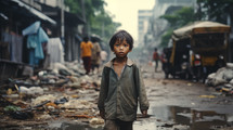 Sad poor asian child walking