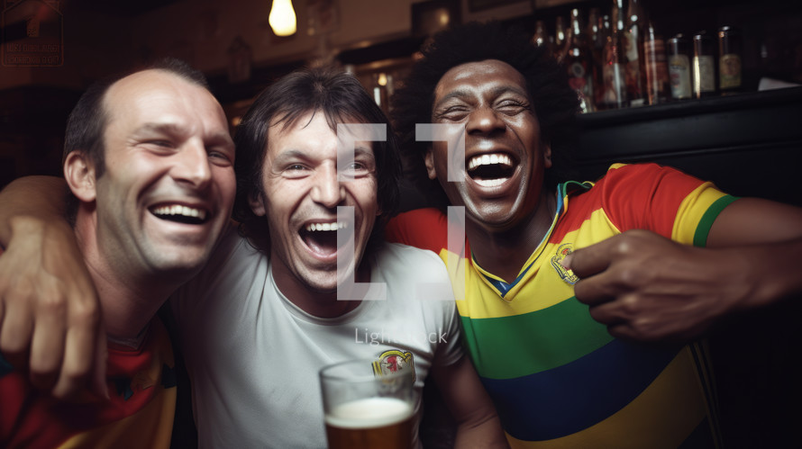 AI Generated Image. Three happy soccer fans man screaming in a sport bar